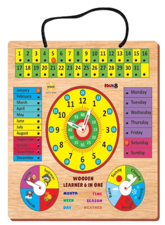 *MUKESH* MUKESH Multifunctional 6 in 1 Wood Clock/Calendar Montessori Analog for Kids, Preschool, Educational, Premium Learning Clock Toy | Multi Color | with 4 Extra PINS | Best for Gifts (BIS Certified) - Image 1